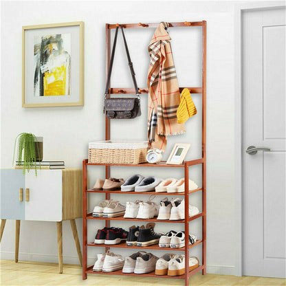 Bamboo 5-Tier Hat Coat Shoe Rack Entryway Bench Hanger Storage Tristar Online