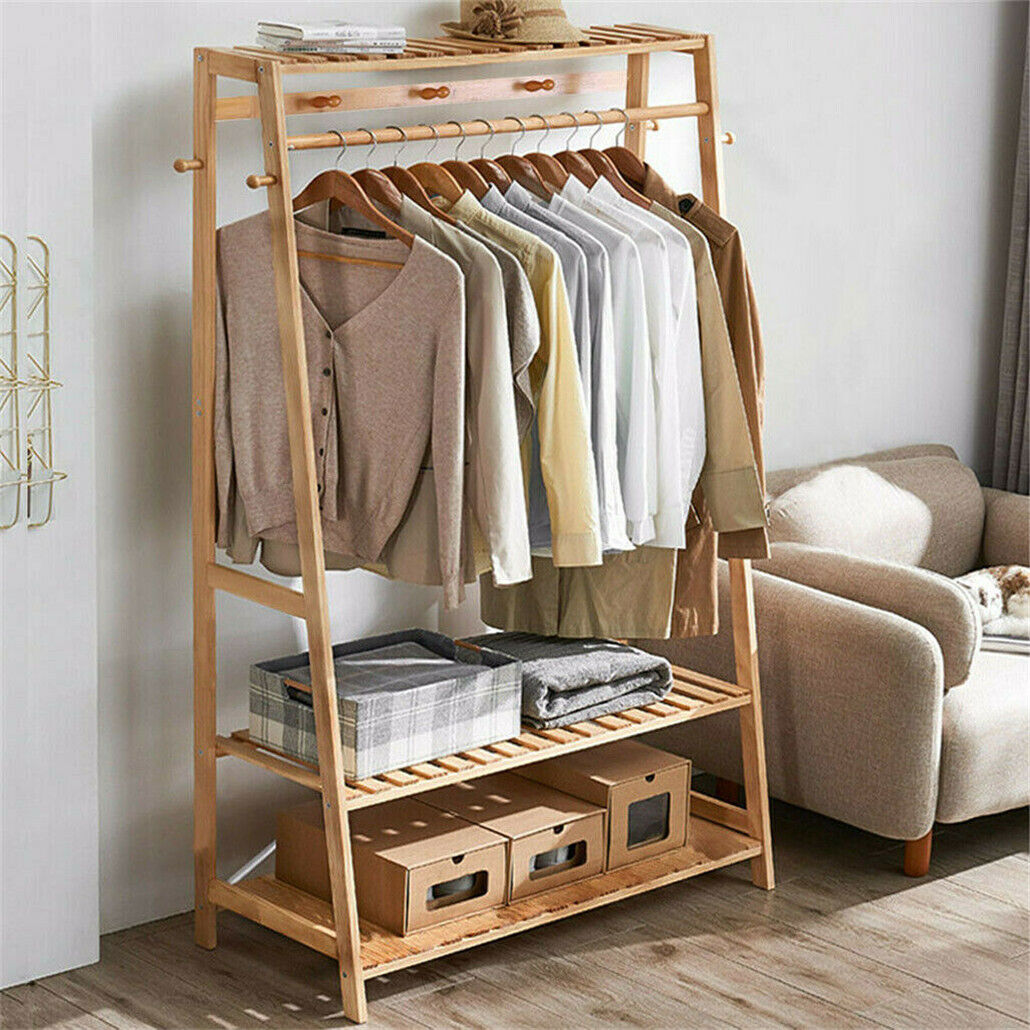 Bamboo Garment Rack Portable Laundry Storage Nature -