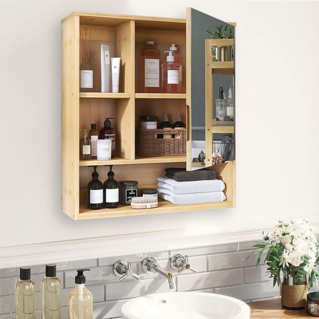 Bamboo Wall Medicine Cabinet Mirror 55.5cm 5 Shelf Tristar Online