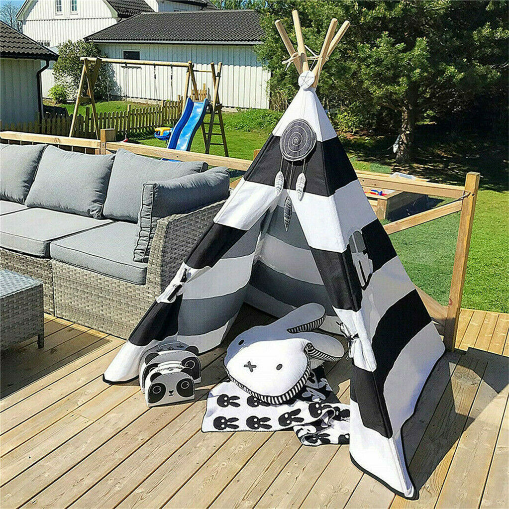 Kids Teepee Tent Linen Wood Black White Stripe Playhouse Indoor Garden Tristar Online