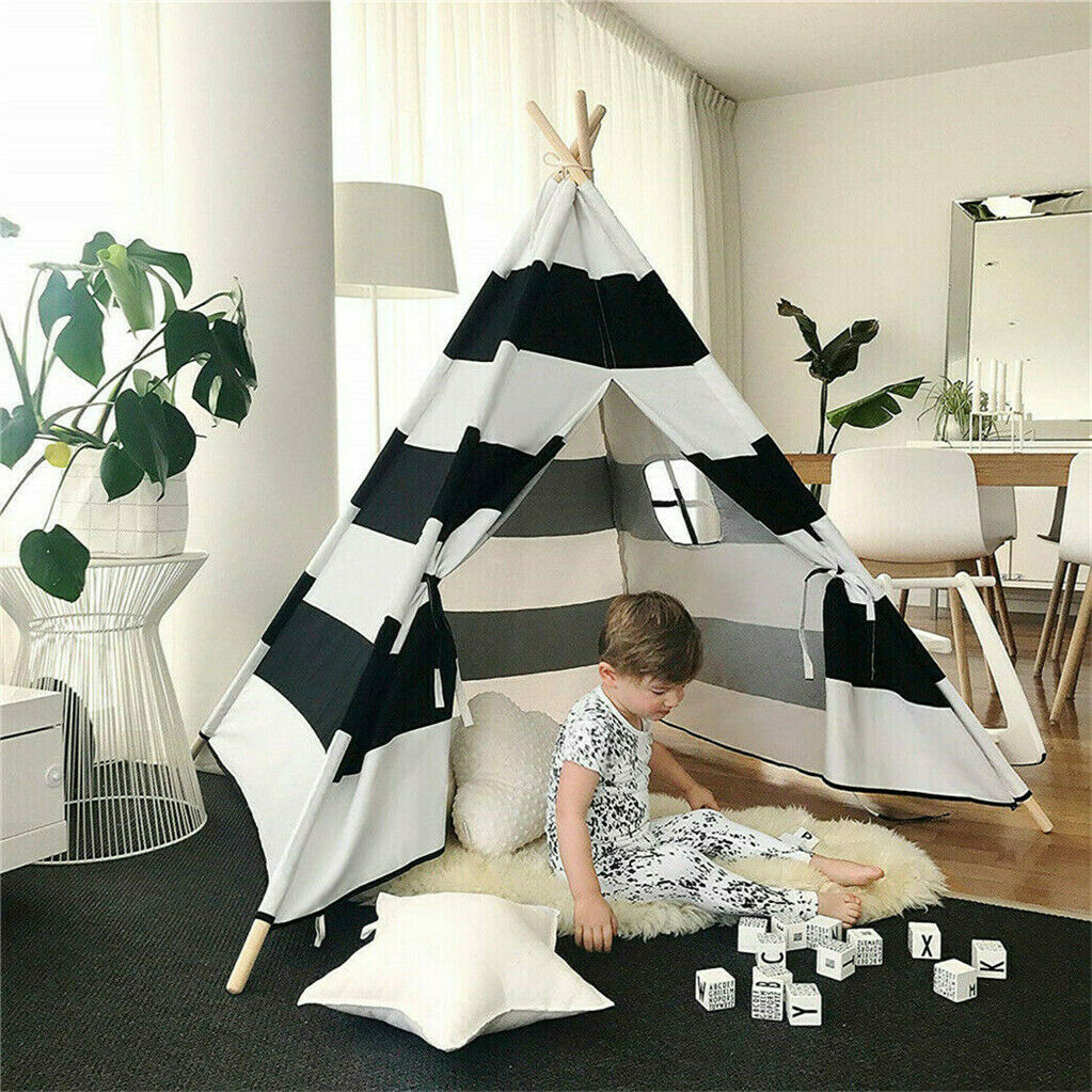 Kids Teepee Tent Linen Wood Black White Stripe Playhouse Indoor Garden Tristar Online