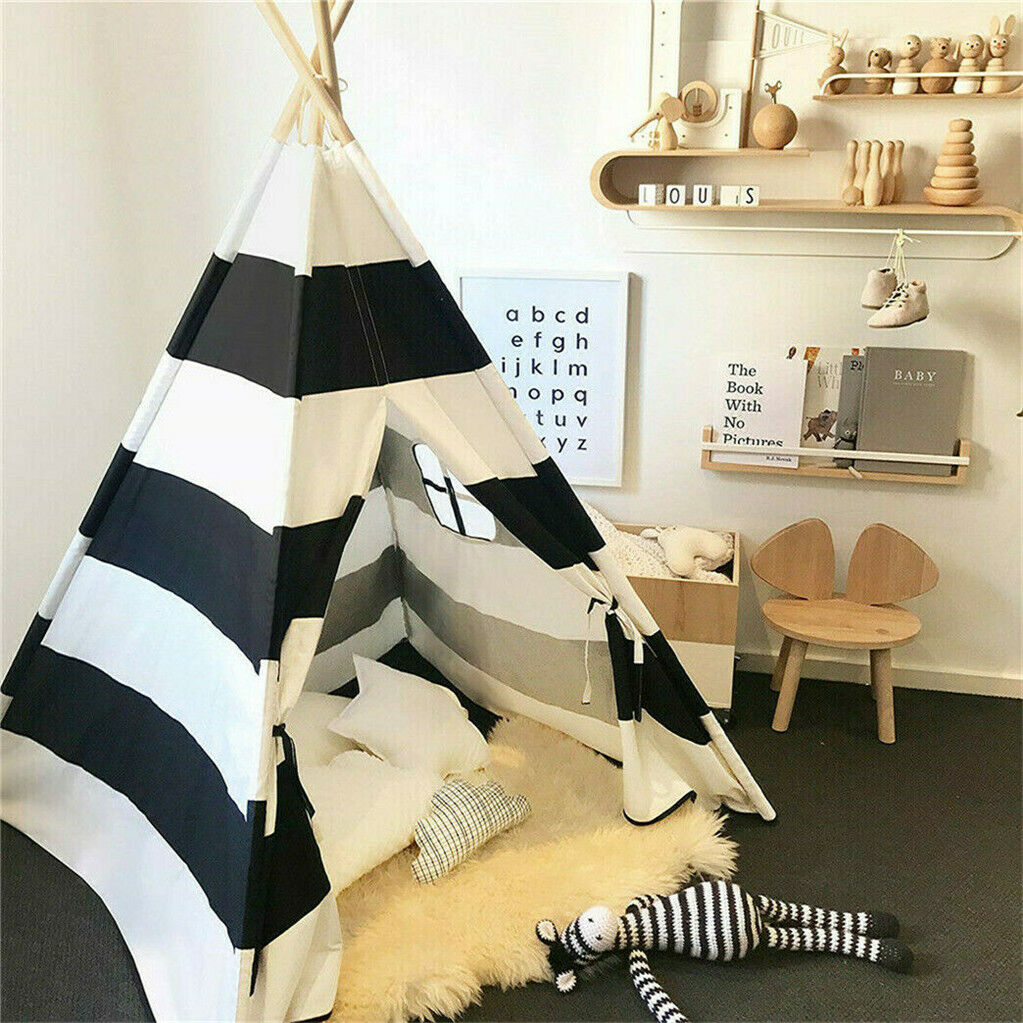 Kids Teepee Tent Linen Wood Black White Stripe Playhouse Indoor Garden Tristar Online
