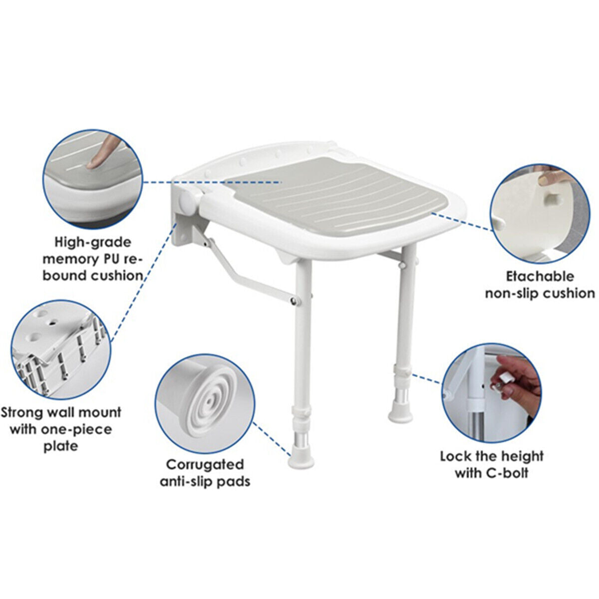 Wall-Mount Foldable Shower Chair, Adjustable, Non-Slip Feet Tristar Online
