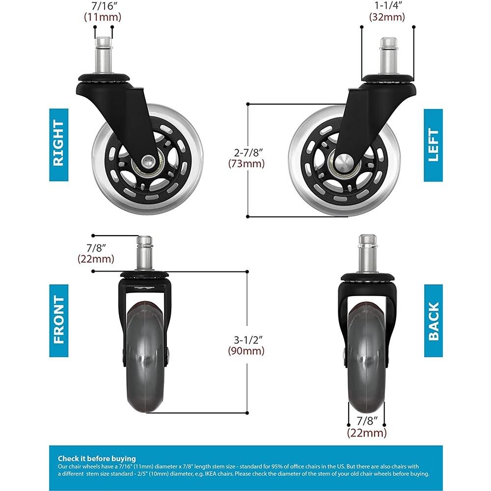 3 Swivel Rollerblade Chair Wheels, 7/16 Stem, All Floors - 5 Pack Tristar Online