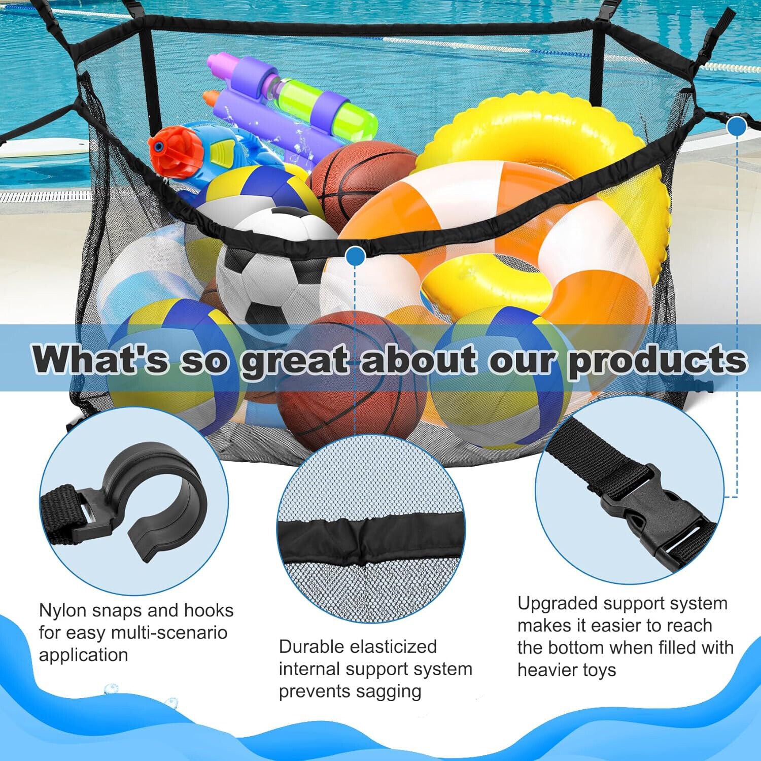 145x145CM Heavy Duty Pool Toy Storage Net Bag Adjustable Organizer Tristar Online