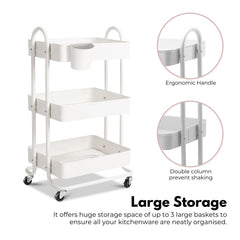 EKKIO Kitchen Trolley Cart 3 Tier (White)