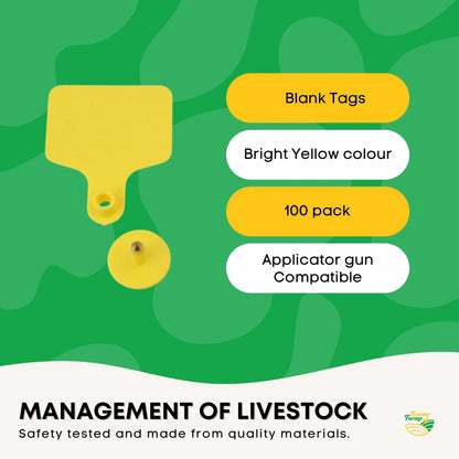 Rooster Farms 100x Cattle Ear Tags 6x7cm Livestock Set - Blank Yellow