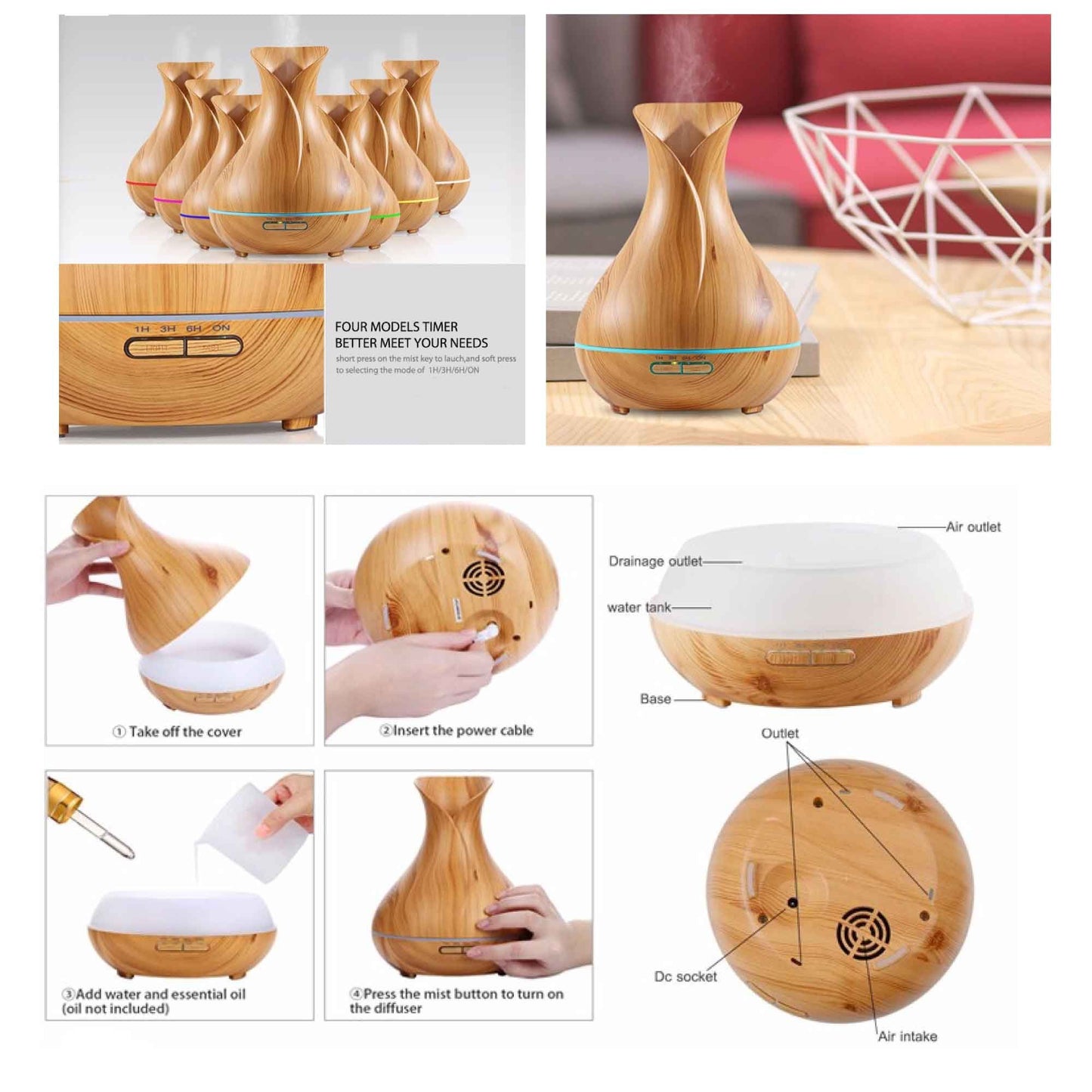 Orku Essential Oil Aroma Diffuser 400ml Tulip Wood Grain With Remote