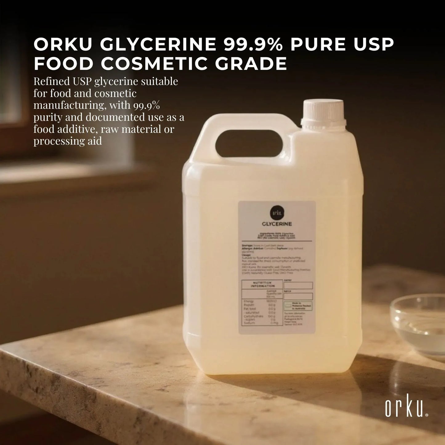 Orku 5L Glycerine 99.9% Pure USP Food + Cosmetic Grade – Vegetable Glycerol