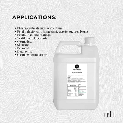 Orku 5L Glycerine 99.9% Pure USP Food + Cosmetic Grade – Vegetable Glycerol