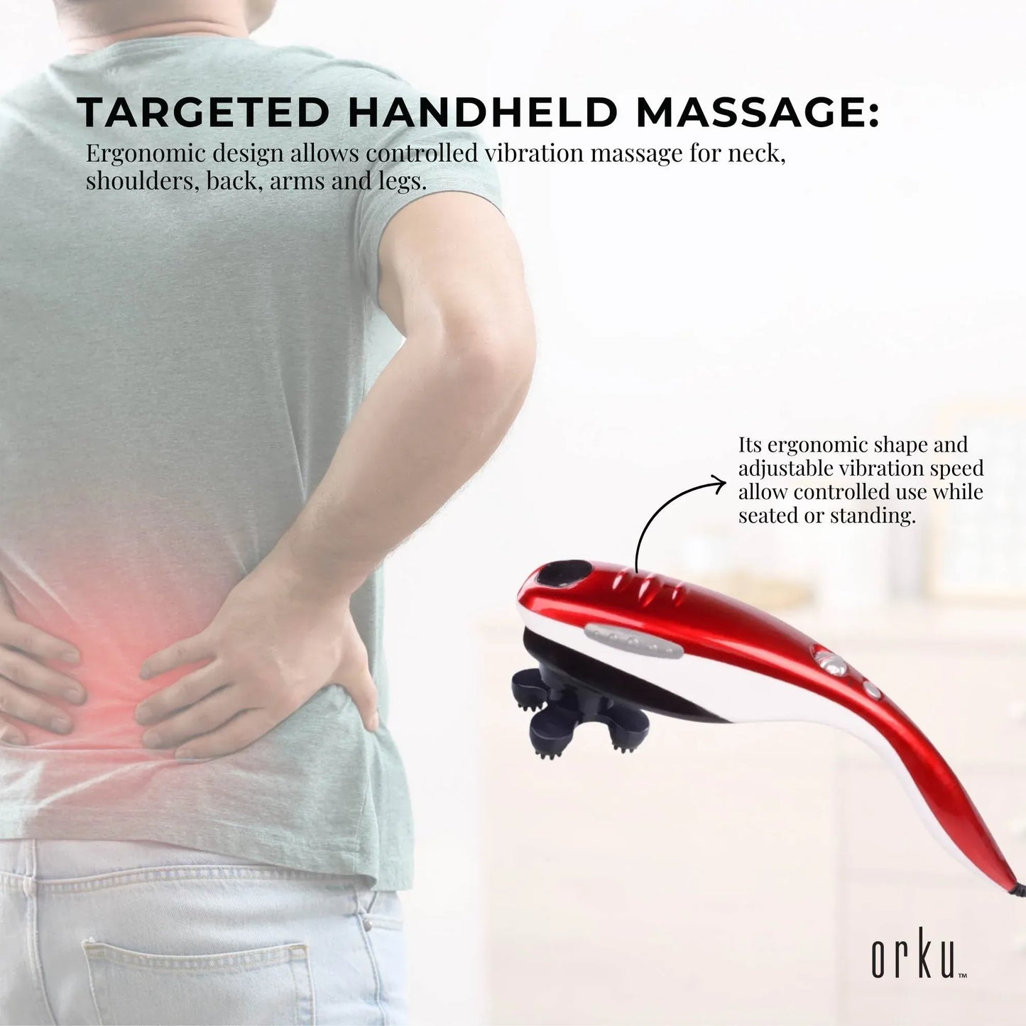 Orku Handheld Body Massager 6 Heads Adjustable Speed Neck Back Legs Red