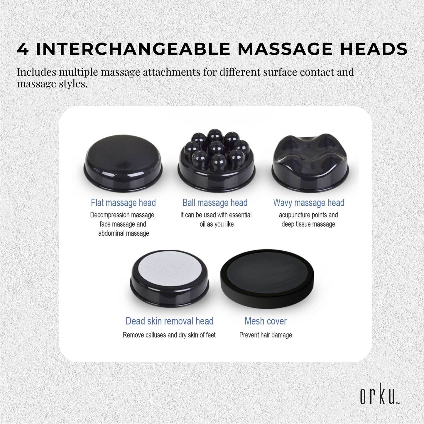 Orku Handheld Body Massager 4 Heads Adjustable Speed 28W Black