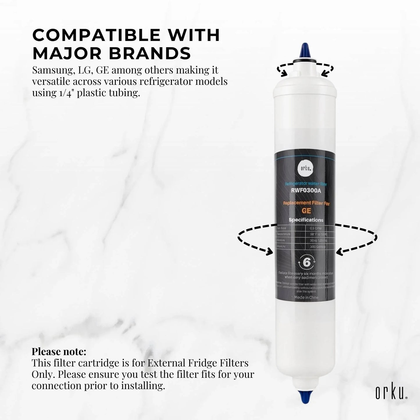 Orku Fridge Water Filter - Universal External Cartridge Replacement - RWF0300A