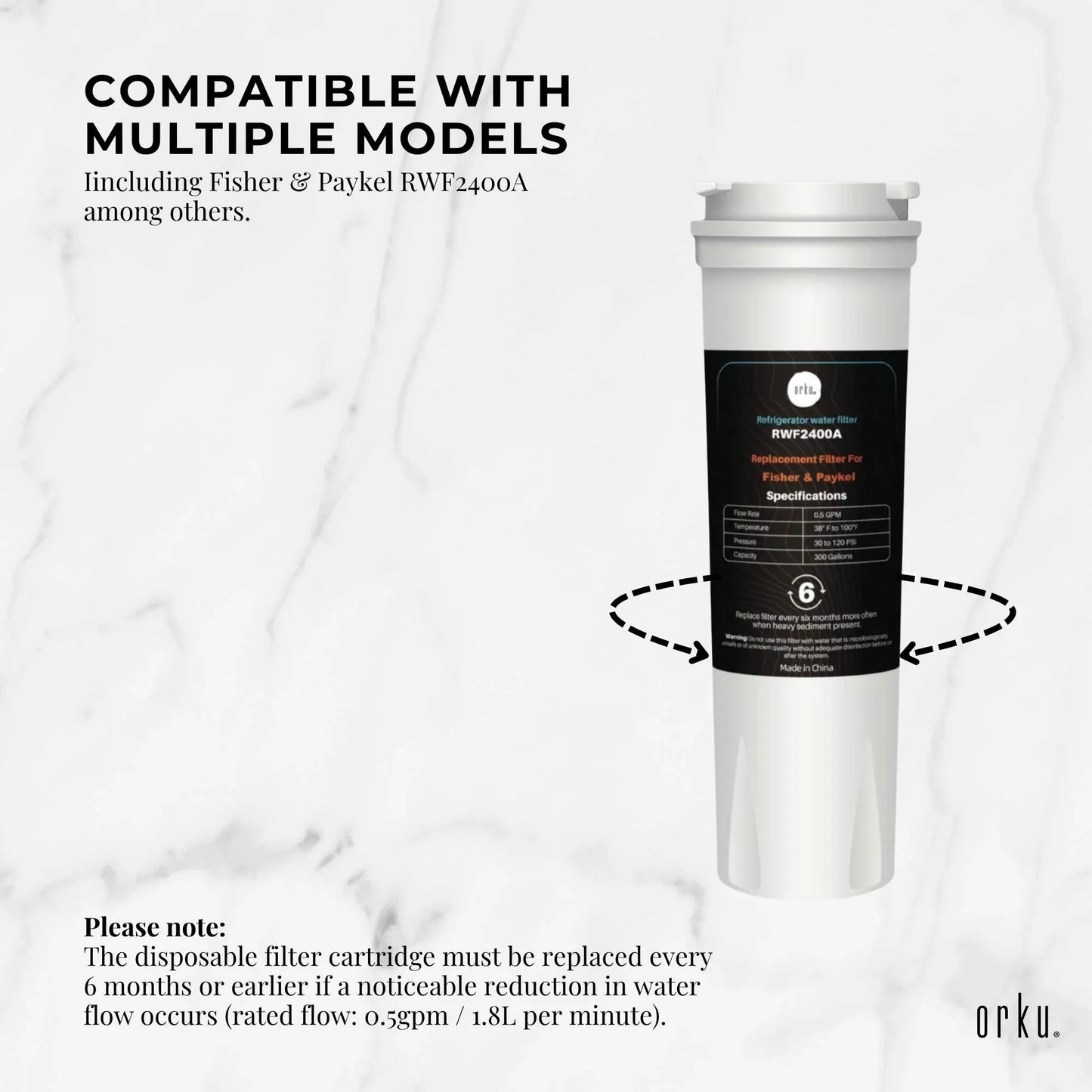 Orku Fridge Water Filter Cartridge for Fisher & Paykel RWF2400A 836848 836860