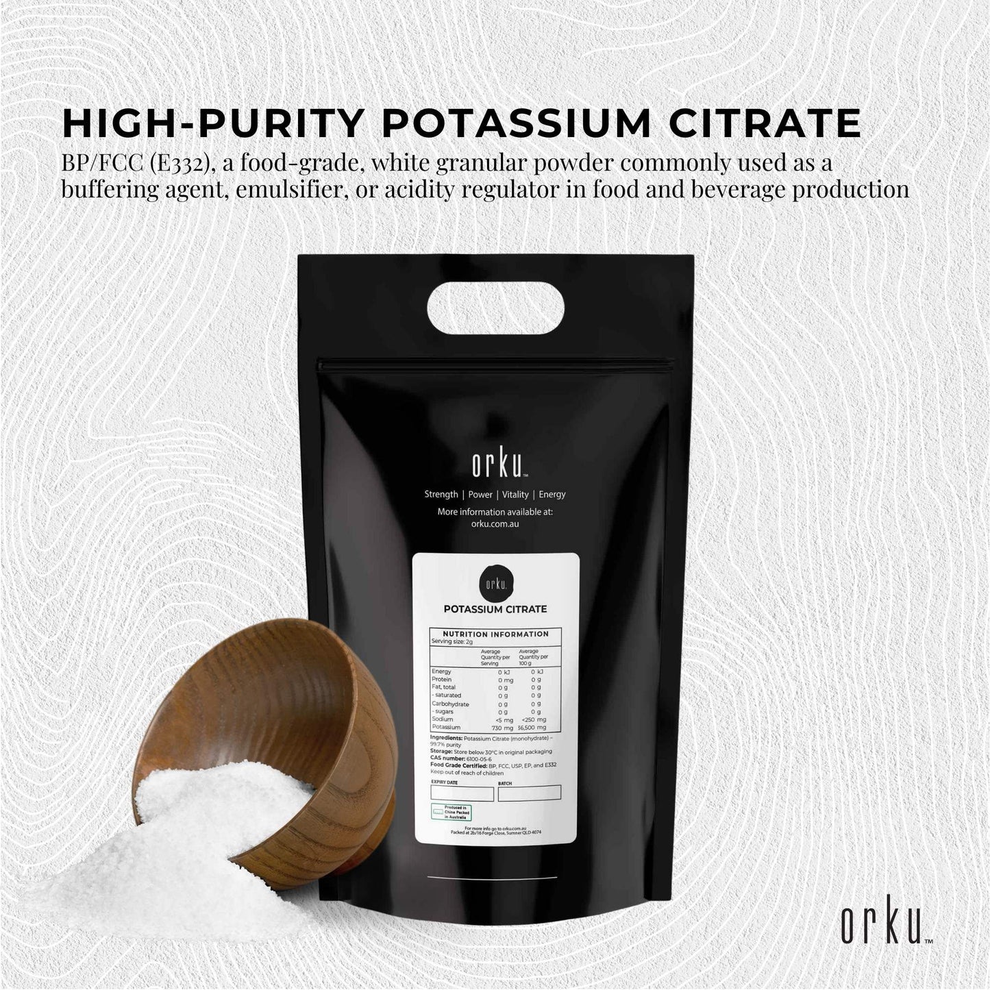 Orku 20Kg Potassium Citrate Food Grade - Granular BP USP FCC E332 Additive