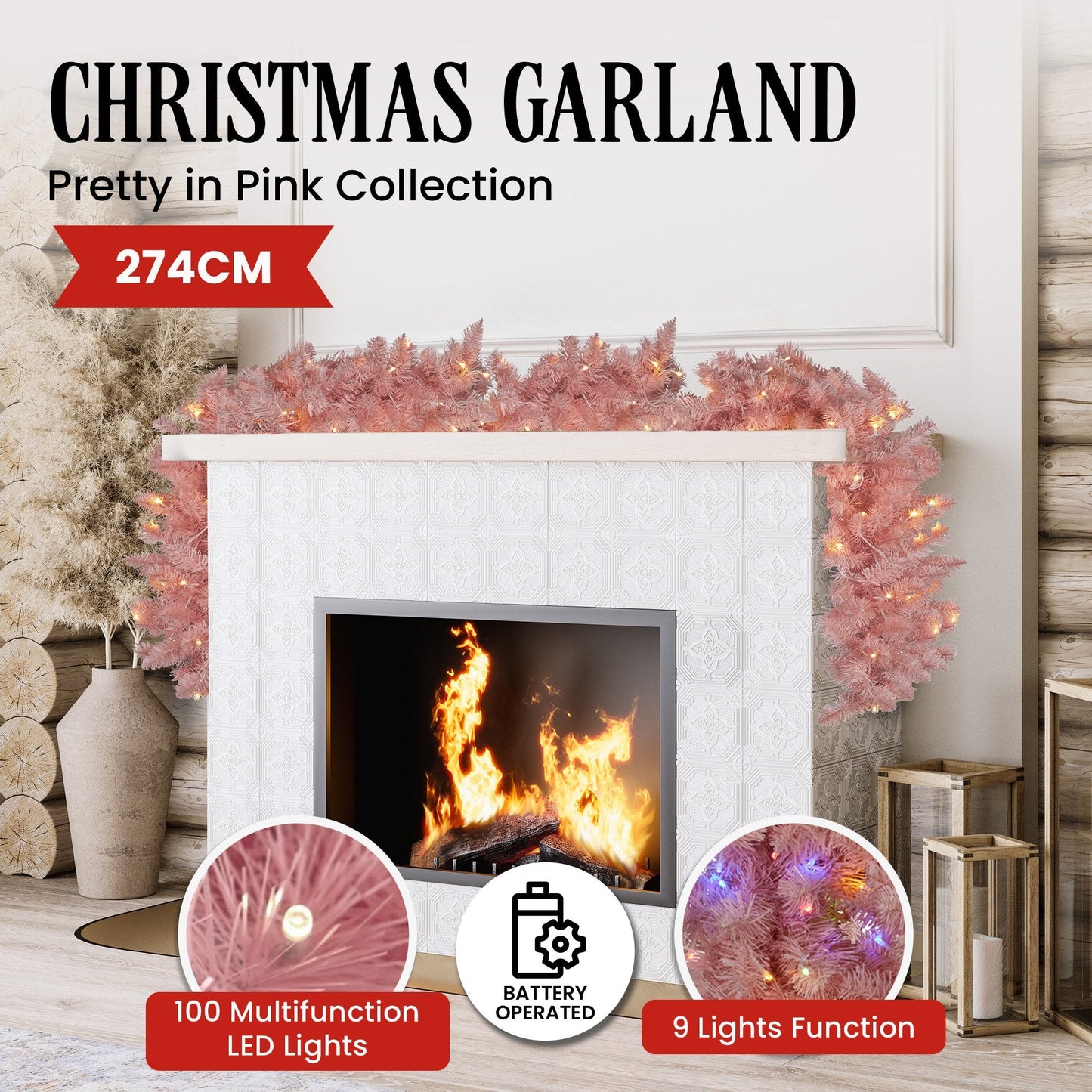 Christabelle 274cm Pretty In Pink Christmas Garland With Led Lights Tristar Online