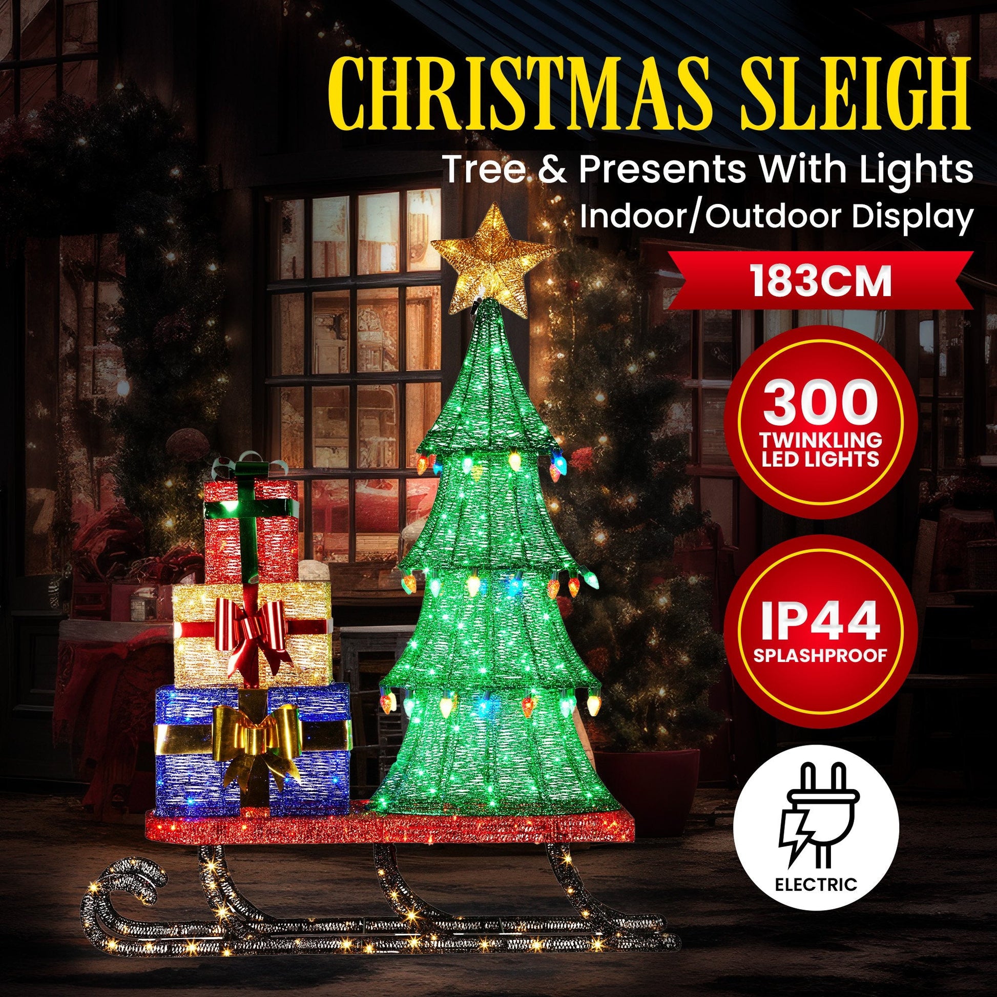 Christabelle Christmas Display Sled 183cm With Tree And Presents Led Lights & C9 Bulbs Tristar Online