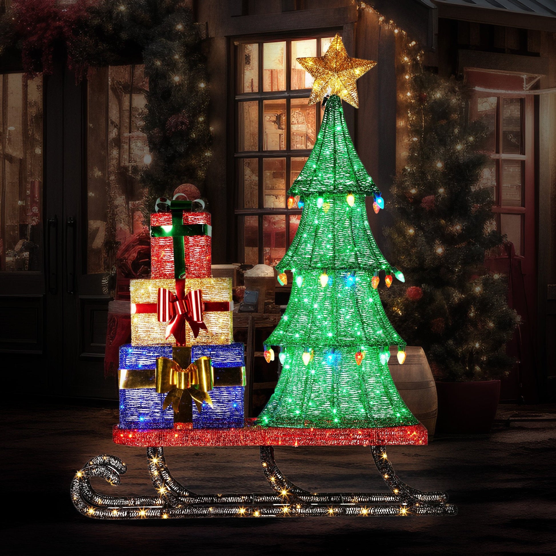 Christabelle Christmas Display Sled 183cm With Tree And Presents Led Lights & C9 Bulbs Tristar Online