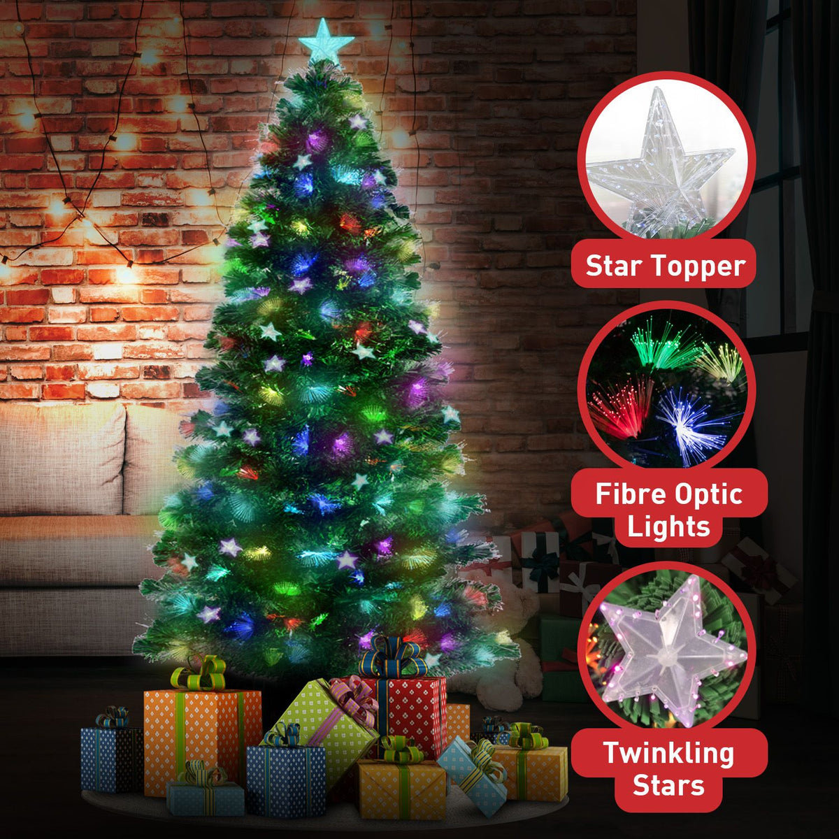 Christabelle 1.2m Pre-Lit Fibre Optic Artificial Christmas Tree with Multicolour Twinkling Star Lights