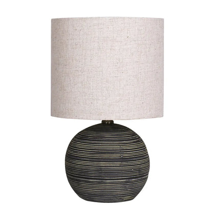 Sarantino Ceramic Table Lamp Striped Antique Black Globe Base with Beige Fabric Drum Shade Bedside Nightstand Light