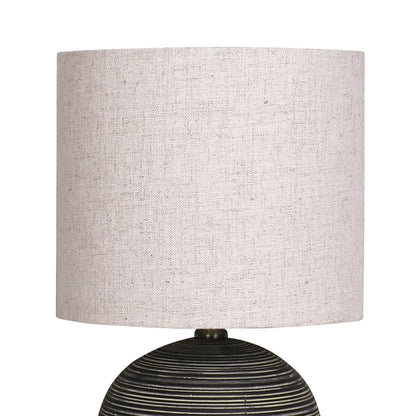Sarantino Ceramic Table Lamp Striped Antique Black Globe Base with Beige Fabric Drum Shade Bedside Nightstand Light