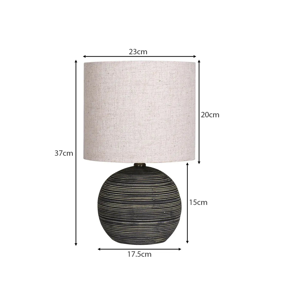 Sarantino Ceramic Table Lamp Striped Antique Black Globe Base with Beige Fabric Drum Shade Bedside Nightstand Light