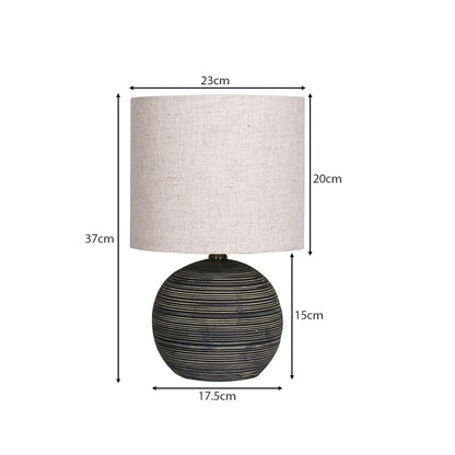 Sarantino Ceramic Table Lamp Striped Antique Black Globe Base with Beige Fabric Drum Shade Bedside Nightstand Light