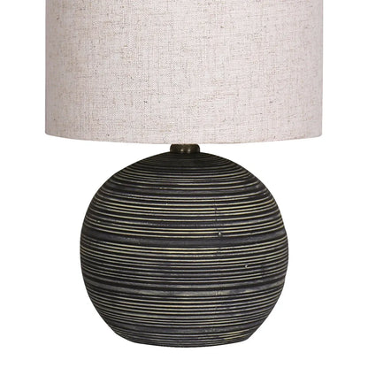 Sarantino Ceramic Table Lamp Striped Antique Black Globe Base with Beige Fabric Drum Shade Bedside Nightstand Light