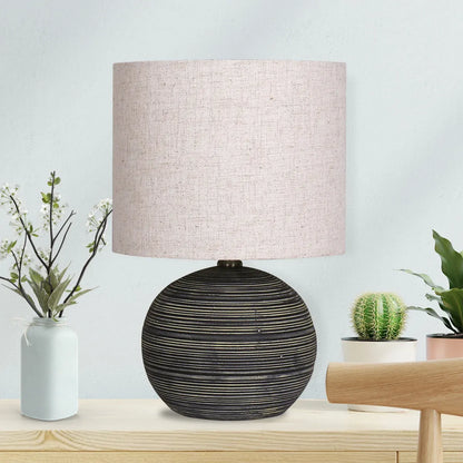 Sarantino Ceramic Table Lamp Striped Antique Black Globe Base with Beige Fabric Drum Shade Bedside Nightstand Light