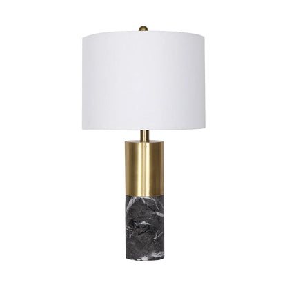 Sarantino Modern Faux Black Marble Table Lamp with Gold Brass Base & White Fabric Drum Shade