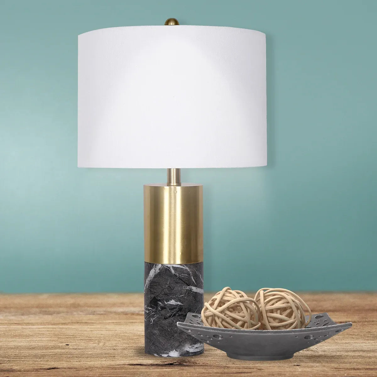 Sarantino Modern Faux Black Marble Table Lamp with Gold Brass Base & White Fabric Drum Shade