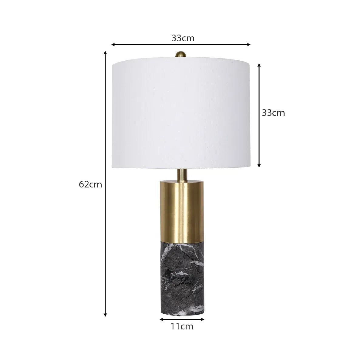 Sarantino Modern Faux Black Marble Table Lamp with Gold Brass Base & White Fabric Drum Shade