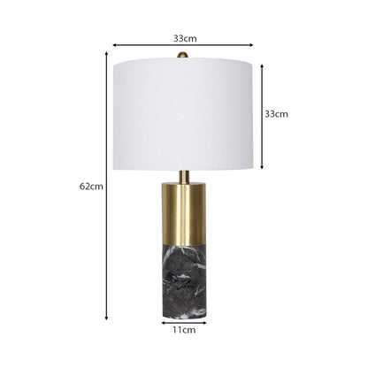 Sarantino Modern Faux Black Marble Table Lamp with Gold Brass Base & White Fabric Drum Shade