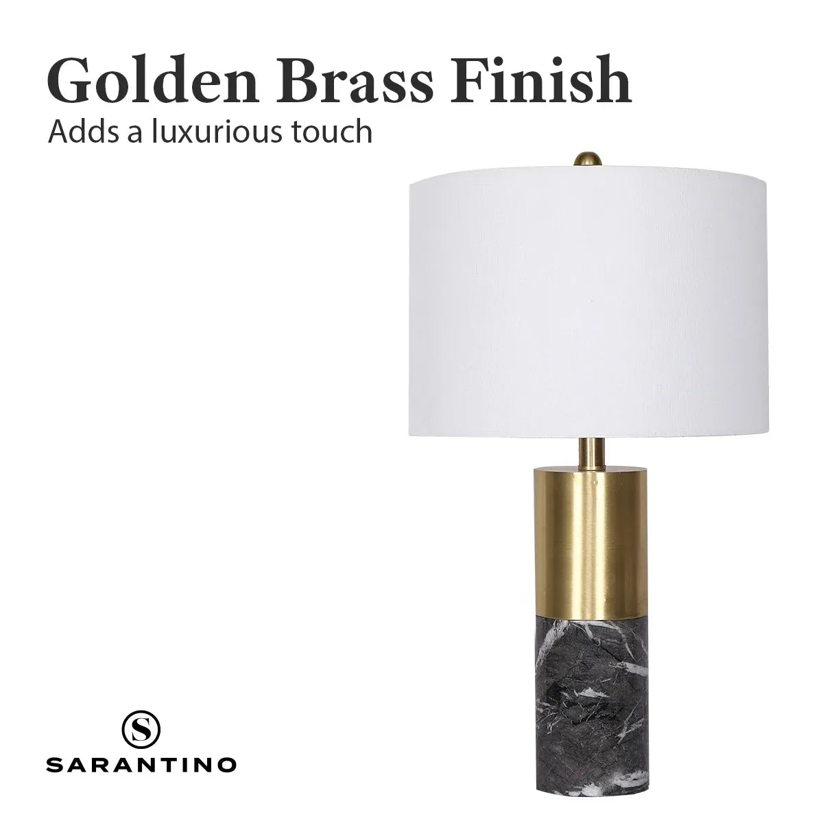 Sarantino Modern Faux Black Marble Table Lamp with Gold Brass Base & White Fabric Drum Shade
