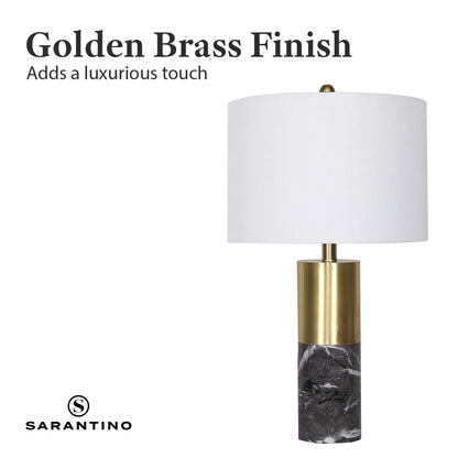 Sarantino Modern Faux Black Marble Table Lamp with Gold Brass Base & White Fabric Drum Shade