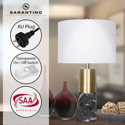Sarantino Modern Faux Black Marble Table Lamp with Gold Brass Base & White Fabric Drum Shade