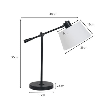 Sarantino Adjustable Black Metal Table Lamp with White Linen Fabric Shade Modern Bedside Desk Reading Light
