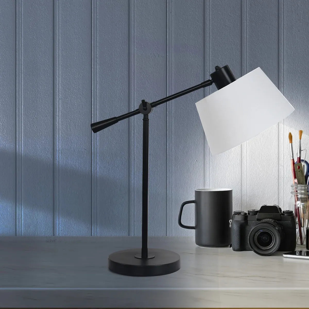 Sarantino Adjustable Black Metal Table Lamp with White Linen Fabric Shade Modern Bedside Desk Reading Light
