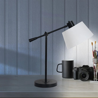 Sarantino Adjustable Black Metal Table Lamp with White Linen Fabric Shade Modern Bedside Desk Reading Light