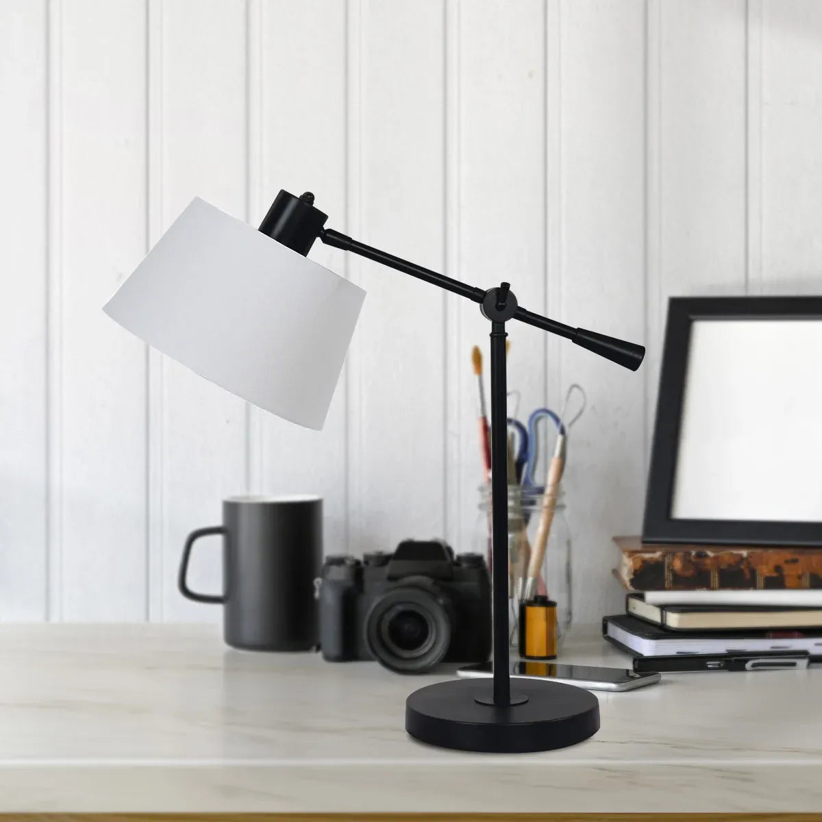 Sarantino Adjustable Black Metal Table Lamp with White Linen Fabric Shade Modern Bedside Desk Reading Light