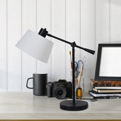 Sarantino Adjustable Black Metal Table Lamp with White Linen Fabric Shade Modern Bedside Desk Reading Light