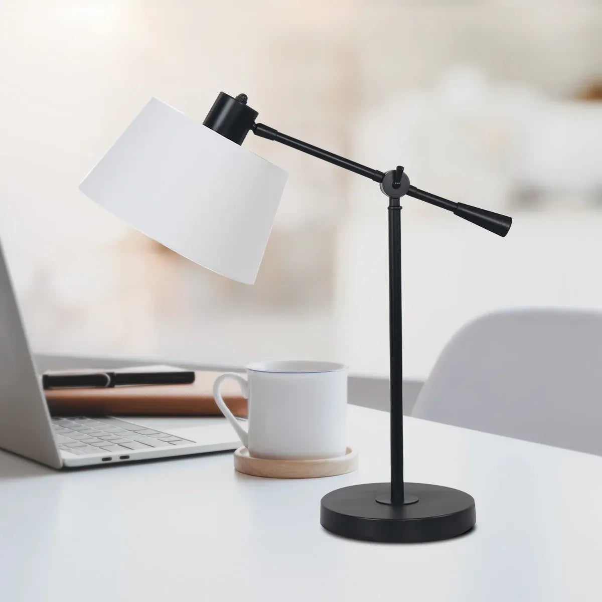 Sarantino Adjustable Black Metal Table Lamp with White Linen Fabric Shade Modern Bedside Desk Reading Light