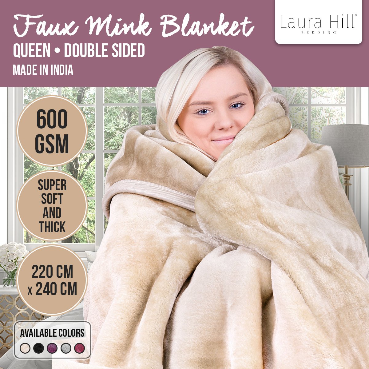 Laura Hill Mink Blanket Double Sided 600GSM Queen Size Beige Tristar Online