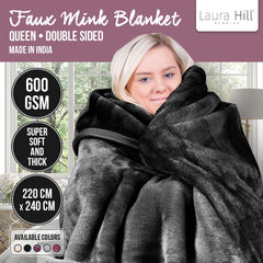 Laura Hill 600GSM Faux Mink Blanket Double-Sided Queen Size - Black Tristar Online