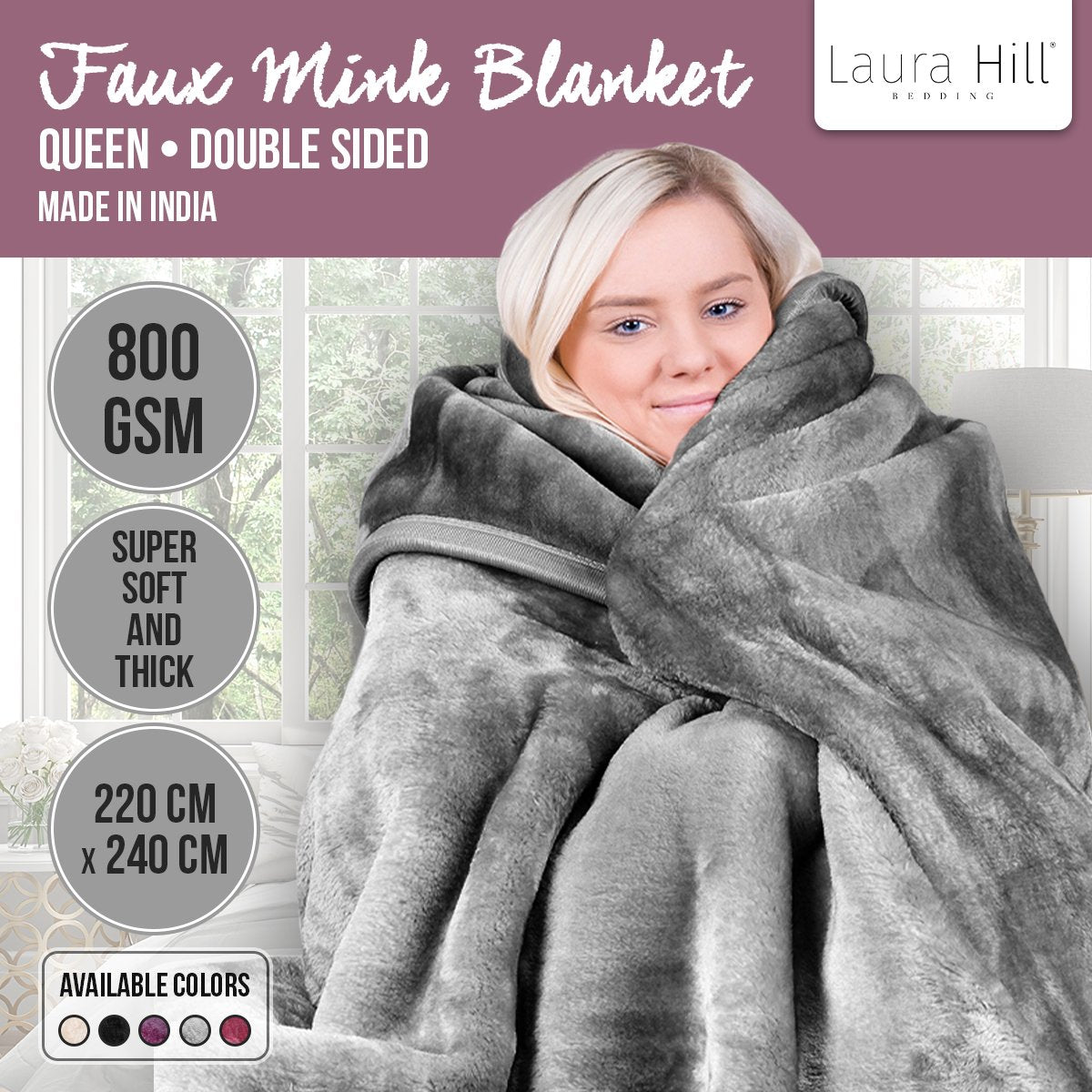 Laura Hill Double-sided Large 220 X 240cm Faux Mink Throw Rug Blanket 800-gsm Heavy - Silver Tristar Online