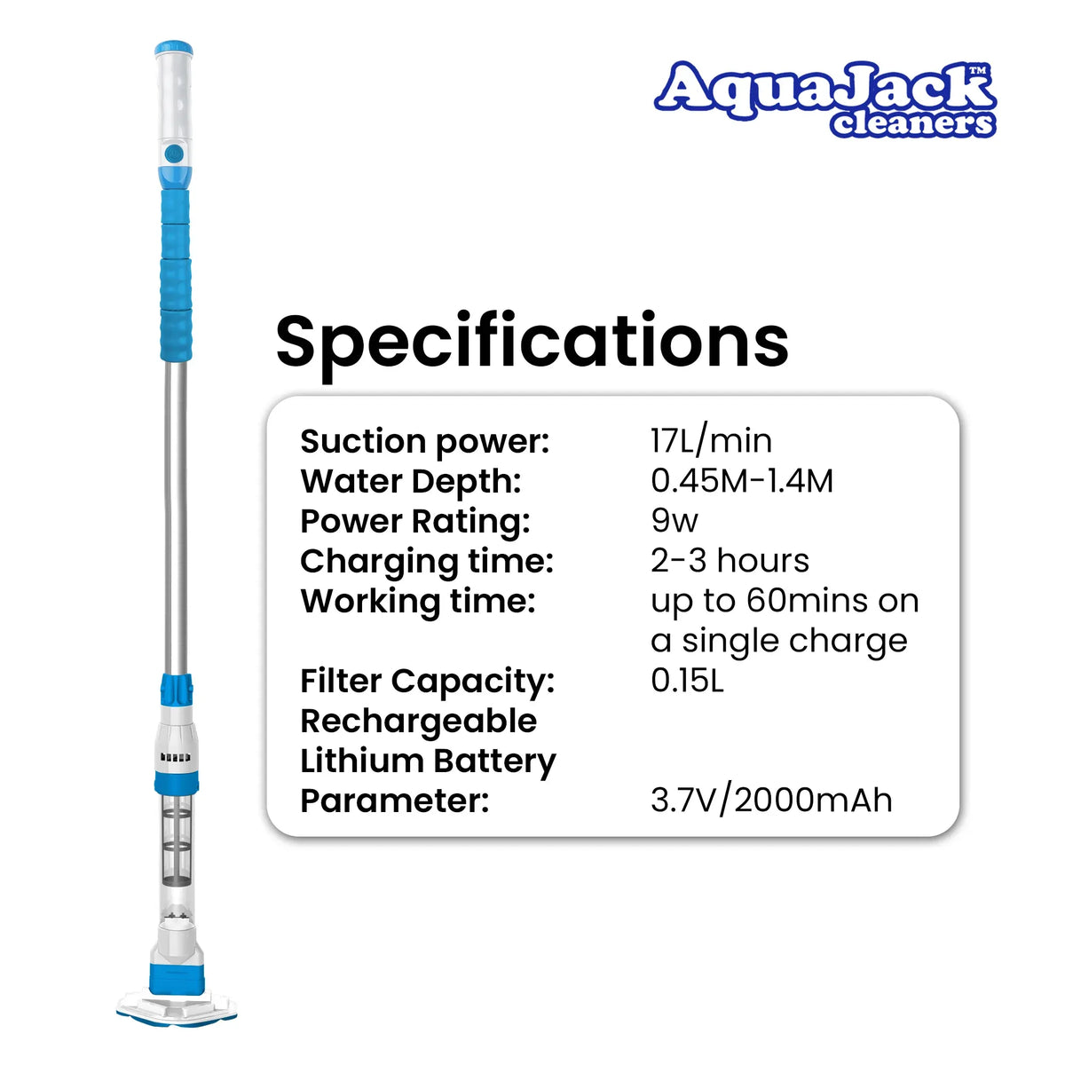 Aquajack Cordless Rechargeable Spa and Pool Vacuum Cleaner with Telescopic Pole & 2 Heads - 60 Min Runtime