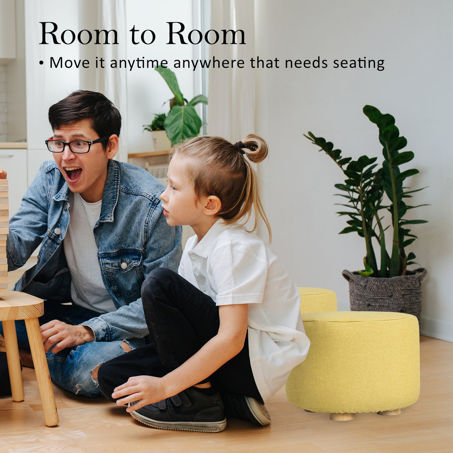 La Bella 2 Set Mustard Yellow Fabric Ottoman Round Wooden Leg Foot Stool Tristar Online