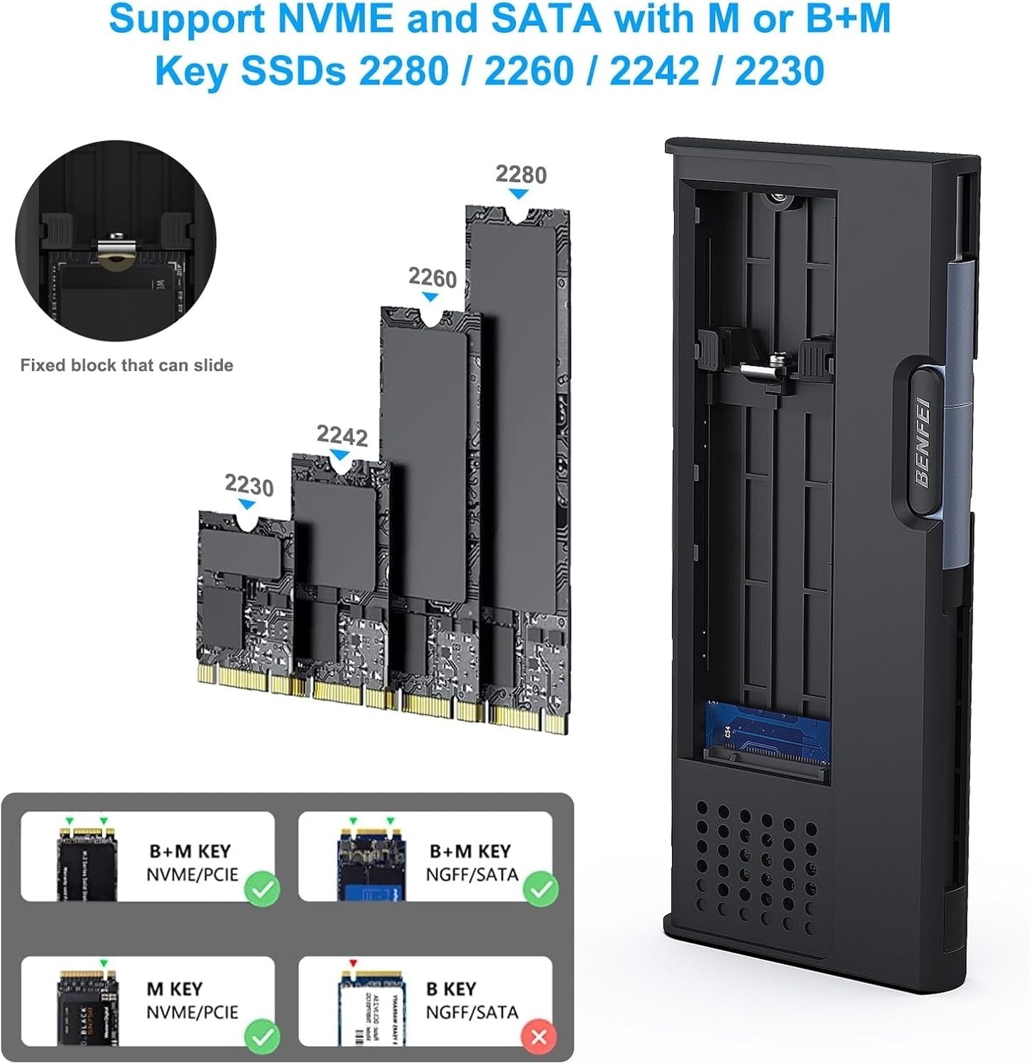 BENFEI 345GY M.2 NVME SATA SSD Enclosure, 10 Gbps USB Type-C/Type-A to NVME PCI-E SATA M-Key/(B+M) Tristar Online