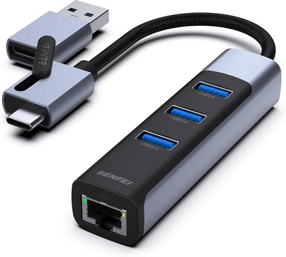 BENFEI 350GY 2-in-1 USB-C+USB 3.0 to RJ45 Gigabit Ethernet Port + 3-Port USB 3.0 HUB Tristar Online