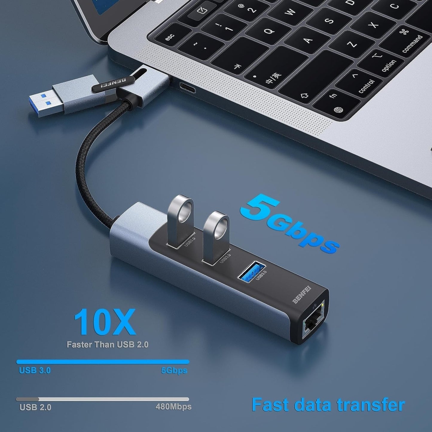 BENFEI 350GY 2-in-1 USB-C+USB 3.0 to RJ45 Gigabit Ethernet Port + 3-Port USB 3.0 HUB Tristar Online